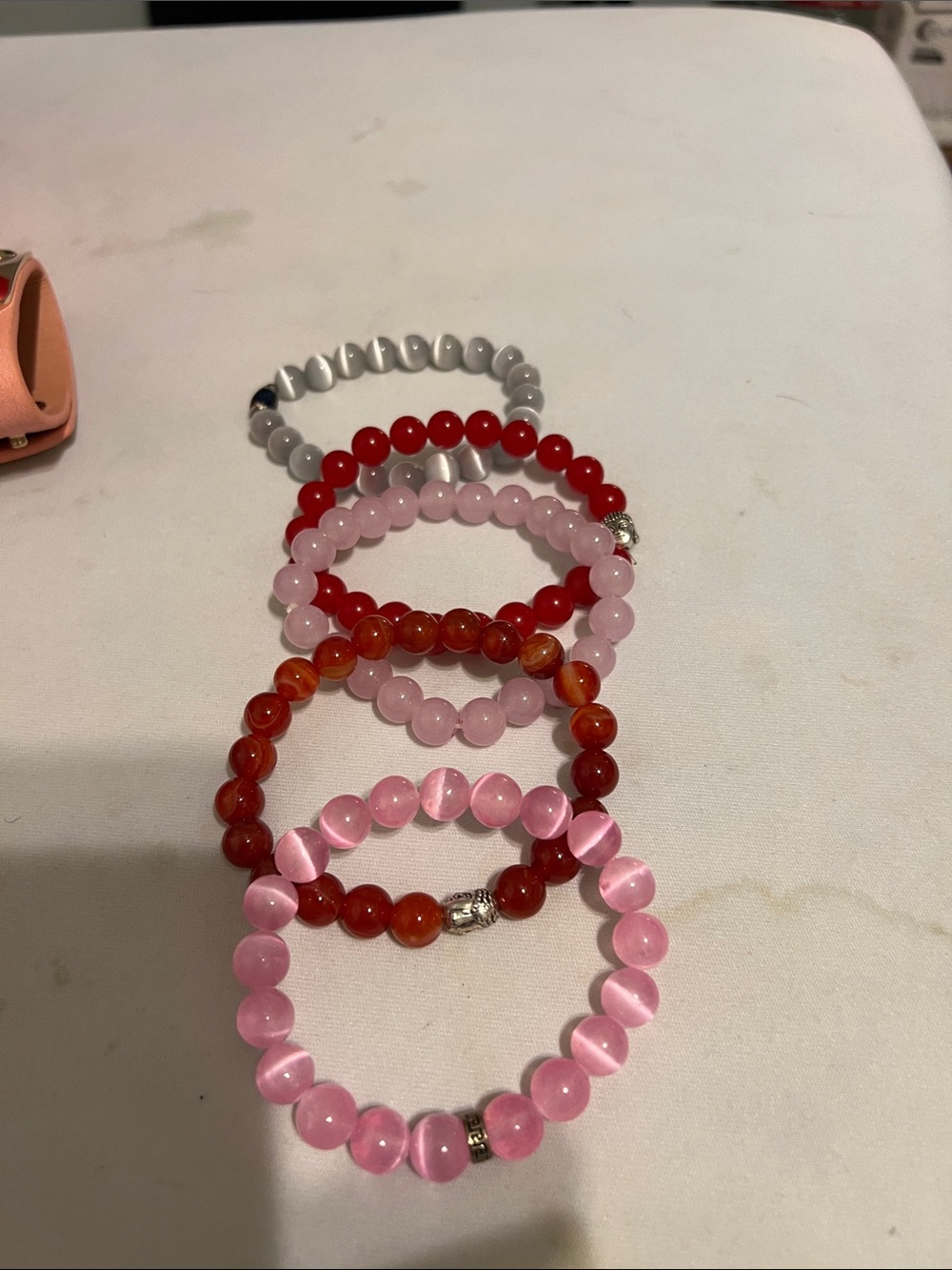 Set of 6 Beaded Stretch Bracelets in Pink, Red, Rose, and Gray